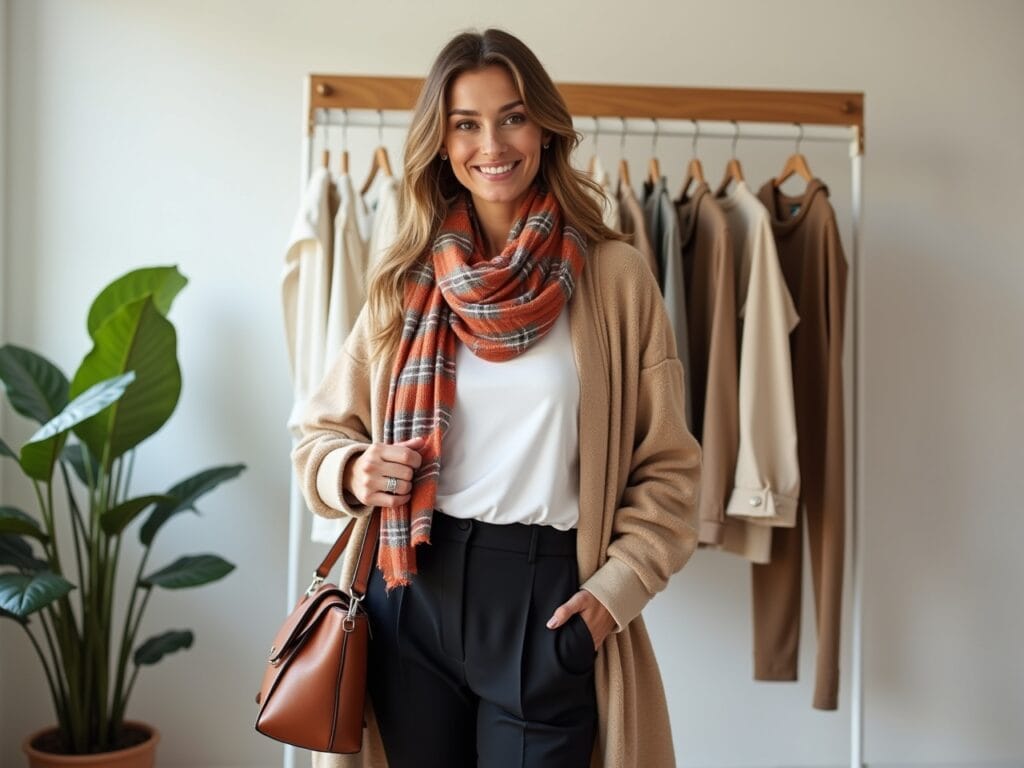 A stylist casually assembling a chic neutral outfit in a bright, well-organized studio. She is shown effortlessly pairing a white tee with black trousers and a beige cardigan, accessorizing with a vibrant scarf and leather bag. The photograph should convey confidence and ease, highlighting the simplicity of styling neutral outfits.