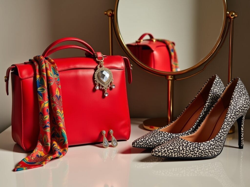 A stylish vanity or dressing table setting, featuring an array of carefully chosen accessories in bold colors and textures, ready to elevate a neutral outfit. Include a red structured handbag, statement earrings, a colorful silk scarf, and bold print heels. The arrangement should be visually appealing and emphasize the transformative power of accessories.