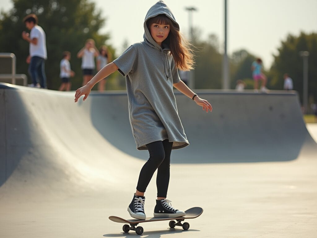 A teenage girl is skateboarding in a skatepark. She's wearing a gray, knee-length hooded t-shirt dress. She has leggings underneath and is wearing high-top sneakers. The skatepark is filled with ramps and other skaters. Focus on the action and the casual, sporty style.
