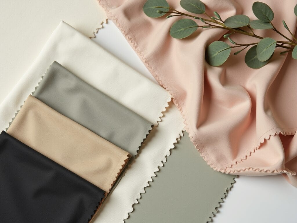 A visually appealing flat lay arrangement showcasing fabric swatches in a variety of neutral colors: beige, ivory, taupe, gray, black, white, soft pastel pink, sage green, warm brown. Include natural elements like a small sprig of eucalyptus or a piece of light-colored wood. Focus on soft, natural lighting.