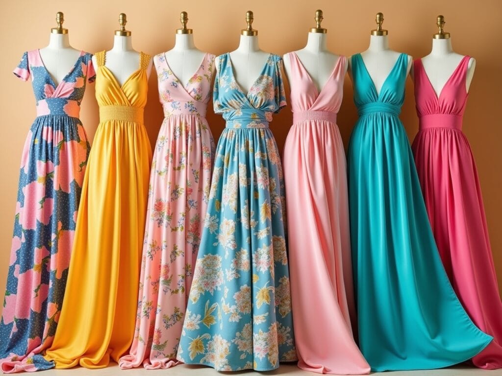 A visually striking image showcasing a vibrant array of maxi dresses in floral prints, pastel shades, and solid colors. The dresses are arranged in a color-coordinated display against a neutral backdrop, allowing the patterns and hues to stand out. The overall vibe is cheerful and inspiring, highlighting the diverse options available in print and color.