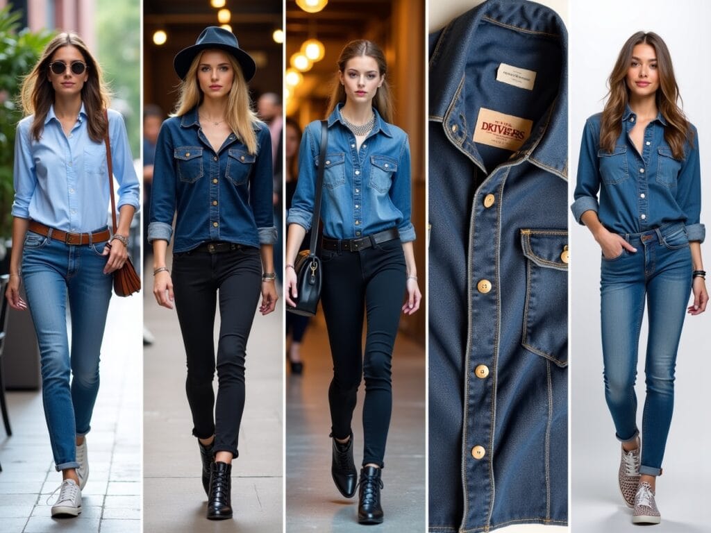 A visually engaging layout featuring five distinct images, each representing an answer to a frequently asked question about styling double denim. Image 1: (Casual Look) A person casually dressed in a light blue denim shirt and darker wash jeans, paired with sneakers. Image 2: (Formal Look) A person dressed in a dark denim shirt, black jeans, heeled boots, and accessorized with a statement necklace in a restaurant setting. Image 3: (Mistakes to Avoid) A split image showing one side with someone wearing denim accessories (shoes, hat) and another side with a person wearing contrasting denim washes and textures. Image 4: (Sustainability) A close-up of a denim garment with a tag emphasizing recycled materials and eco-friendly production. Image 5: (Avoiding Overly Trendy Look) A person wearing a classic denim shirt and darker wash jeans, with a focus on a timeless, well-fitted silhouette rather than overly trendy elements.