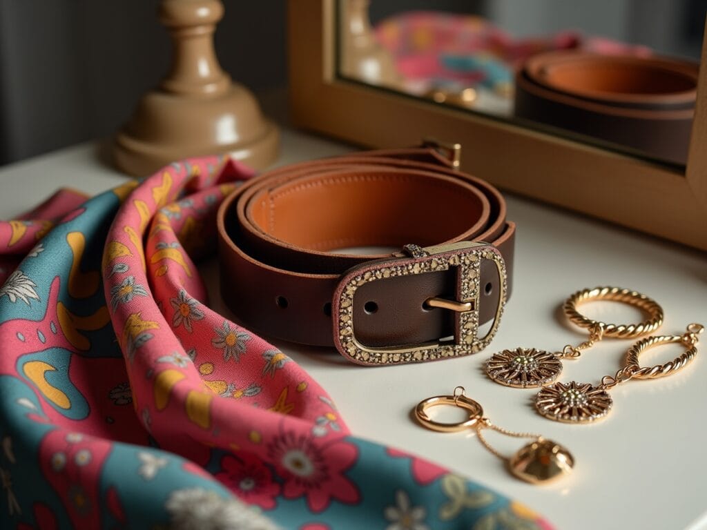 A well-organized dressing table displaying a variety of accessories: a colorful silk scarf, a leather belt with a unique buckle, and a set of delicate gold and silver jewelry. The accessories are arranged to showcase how they can add personality and style to a layered outfit. Soft, diffused light highlights the details and textures of the items.