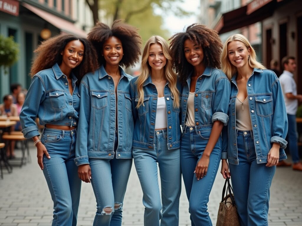 A wide shot capturing a diverse group of people in various settings (urban street, outdoor cafe, semi-formal event), each confidently wearing a different and well-styled double denim outfit. The image should convey the message that double denim is versatile, inclusive, and a timeless fashion choice for various occasions. The lighting should be bright and optimistic, emphasizing the positive takeaway.