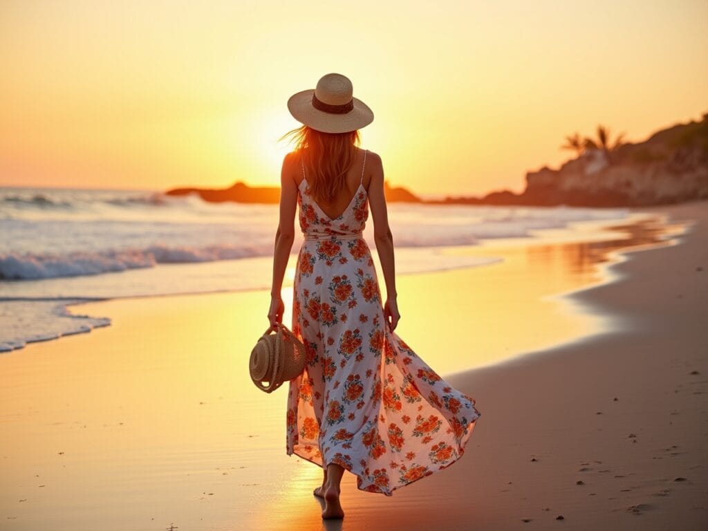 A woman in her 30s is walking along a beach at sunset. She's wearing a flowy, floor-length cotton maxi t-shirt dress in a vibrant floral print. The dress has a relaxed, bohemian feel. She's barefoot and carrying a straw hat. The sunset is casting a warm, golden glow on the scene. Focus on the movement of the dress in the gentle breeze.