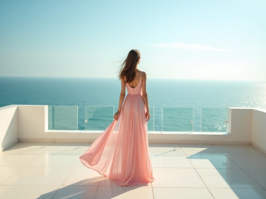 A woman standing on a balcony overlooking a serene ocean view. She is wearing a flowing pastel pink maxi dress. The dress is sheer and catches the gentle sea breeze. The sky is a soft, pastel blue, mirroring the color of the dress. The overall mood is tranquil and ethereal. Photorealistic, natural lighting, wide shot.