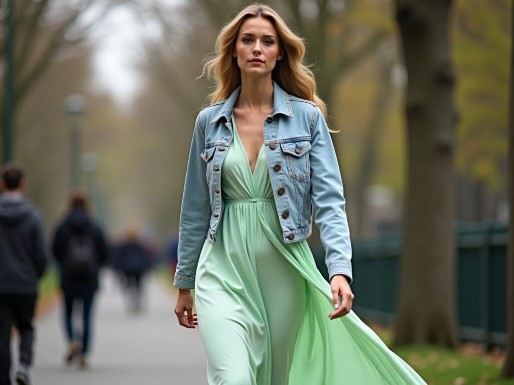A woman wearing a pastel green maxi dress and a light wash denim jacket. She's walking through a city park on a slightly overcast day. The denim jacket adds a casual, laid-back vibe to the soft pastel color. The background includes blurred trees and other park-goers. Photorealistic, natural lighting, medium shot.