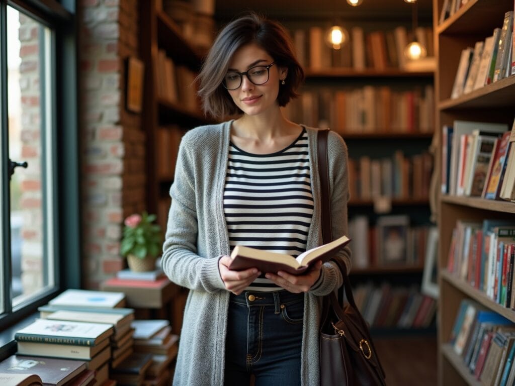 A woman in her late 20s, with short, dark hair and glasses, is browsing books in a vintage bookstore. She wears a long, open-front cardigan sweater in a soft grey color, layered over a black and white striped t-shirt and dark-wash skinny jeans. The cardigan has a subtle texture and drapes elegantly. She's holding a book in her hands and a worn leather tote bag hangs from her shoulder. Soft, diffused light streams in from the bookstore's window, highlighting the cozy atmosphere.