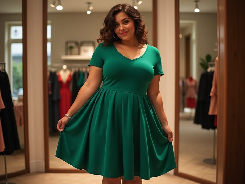A woman with a curvy figure is posing confidently in a boutique dressing room. She's wearing a knee-length t-shirt dress with a full, A-line skirt. The dress is a flattering solid color (e.g., emerald green or deep red). The mirror reflects her figure, highlighting how the full skirt creates a balanced silhouette. The dressing room has soft, flattering lighting. Emphasize the flattering fit of the dress on a curvy body type.