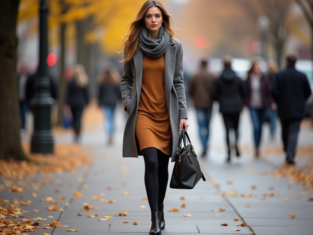 A woman is walking down a city street on a crisp autumn day. She's wearing a long-sleeved t-shirt dress layered under a cardigan and paired with leggings and ankle boots. She's also wearing a scarf. The background shows autumn foliage and other pedestrians bundled up for the cooler weather. Emphasize how the dress can be adapted for colder seasons with layering.