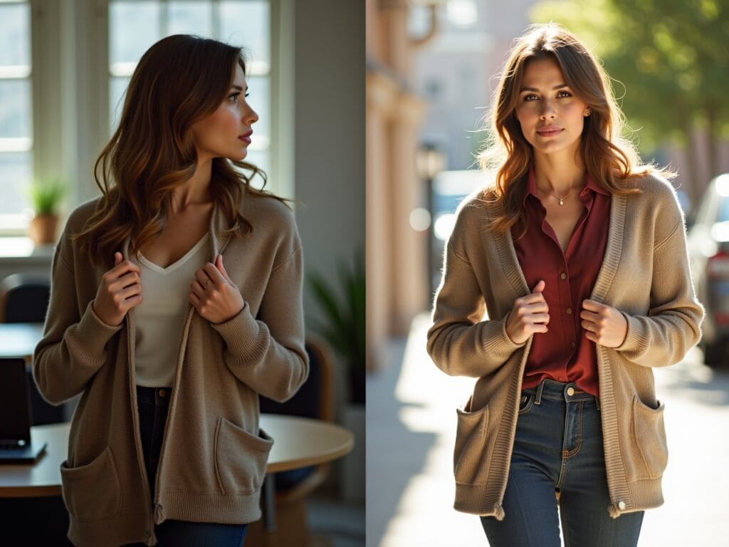 A woman is shown throughout her workday. The first scene shows her in a chilly office adjusting her cardigan; the second shows her removing the cardigan as she walks outside into bright sunlight. This conveys her adjusting the outfit for comfort and demonstrating adaptability to the changing temperatures.