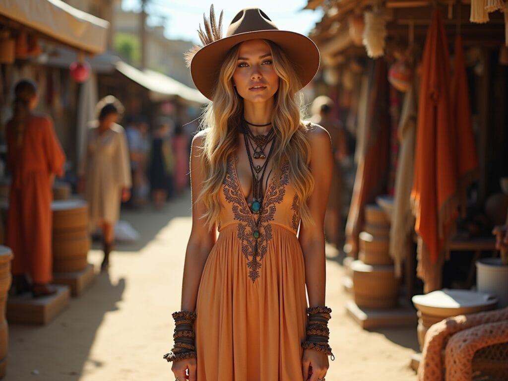 A woman in a flowy, earthy-toned maxi dress with intricate embroidery, accessorized with a floppy felt hat adorned with feathers, layered necklaces with natural stones, and worn leather boots. She's posed in a sunlit outdoor market, surrounded by vintage textiles and artisanal crafts. The lighting is warm and inviting, emphasizing the free-spirited and artistic nature of the bohemian style.