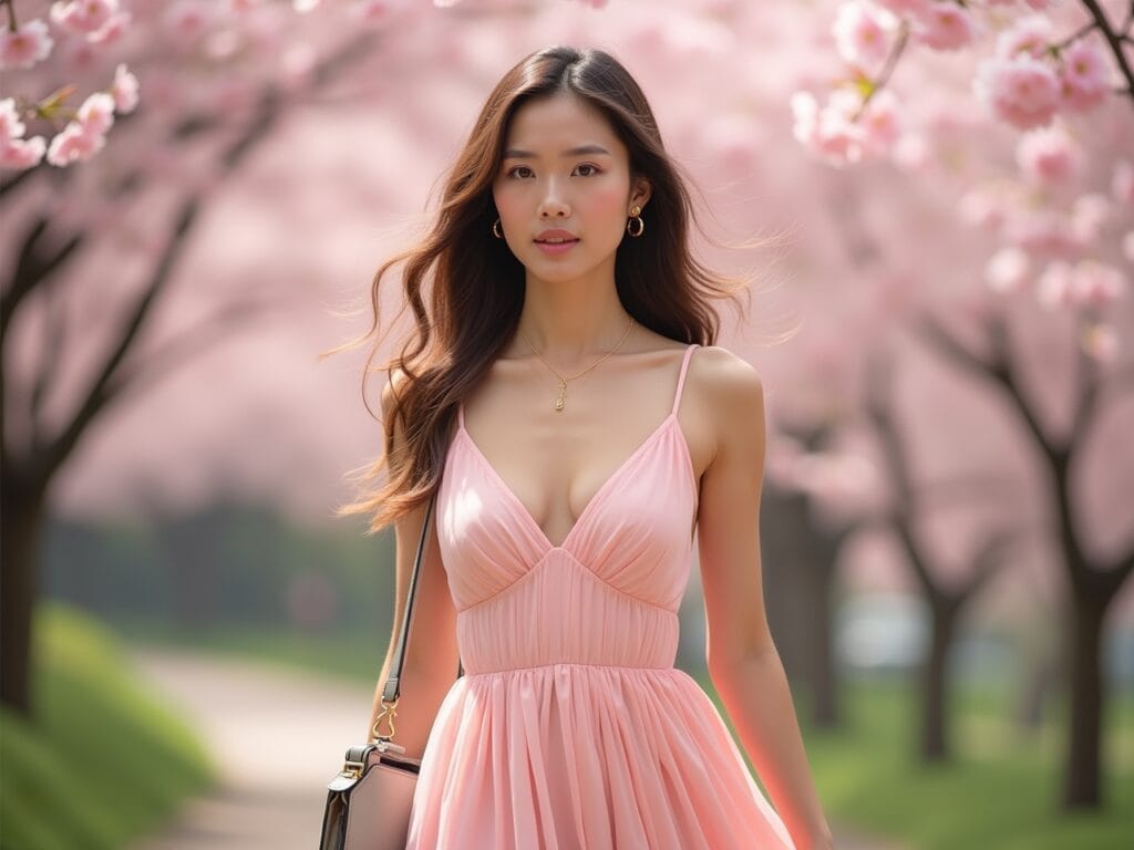 A woman in a delicate petal pink maxi dress, strolling through a blooming cherry blossom park. She's wearing minimalistic gold jewelry and carrying a neutral-colored handbag. The background is a soft blur of pink blossoms, emphasizing the femininity and elegance of the pastel color palette. The lighting is soft and diffused, creating a serene and romantic atmosphere.