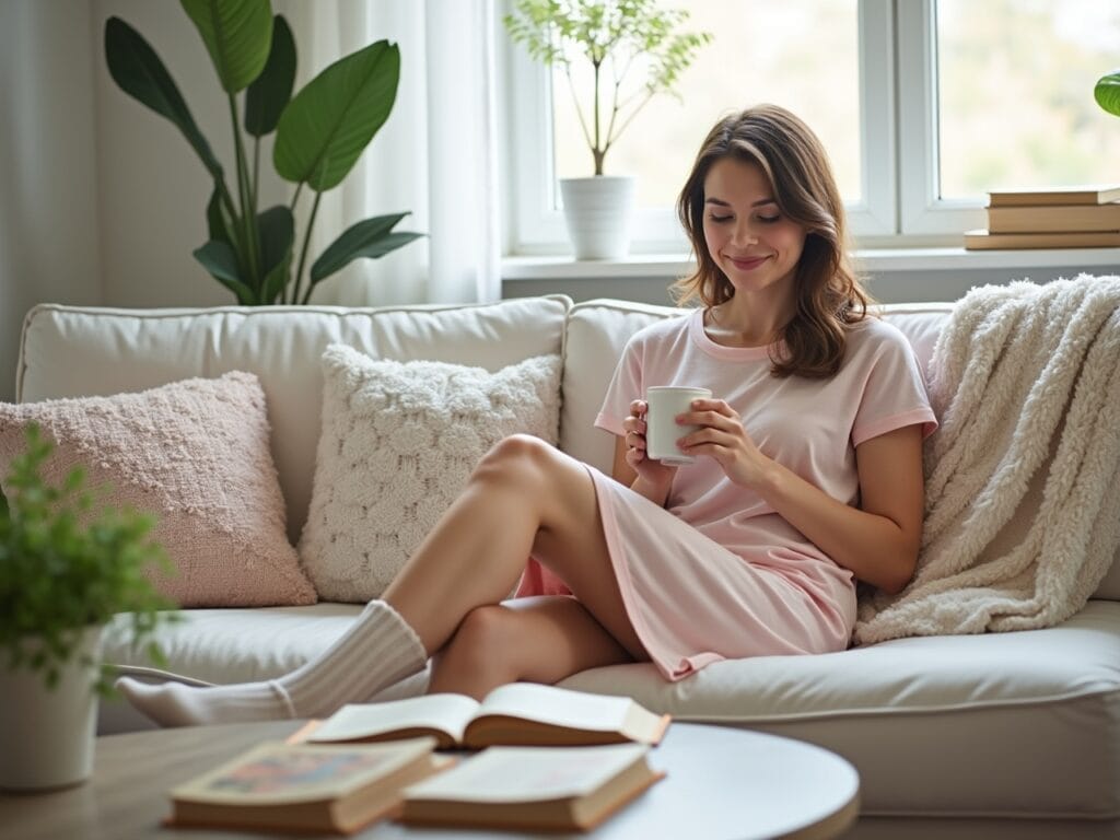 A woman in her late 20s is lounging on a comfortable, modern sofa in a bright, airy living room. She's wearing a soft cotton t-shirt dress in a light pastel color (e.g., blush pink or light blue). The dress is loose-fitting and reaches just above the knees. She's wearing cozy knit socks. She's holding a mug of tea and reading a book, looking relaxed and content. The living room is decorated with plants, soft blankets, and books, creating a cozy and inviting atmosphere. Soft, diffused lighting to emphasize comfort and relaxation.