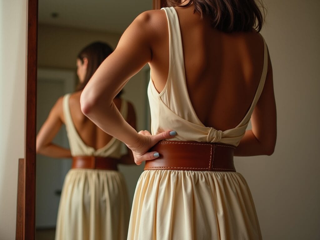 A woman stands in front of a mirror, adjusting a tan leather belt around her waist over a flowy dress. The belt defines her silhouette and adds a stylish touch to the outfit. The focus is on the texture of the leather and the way it cinches her waist.