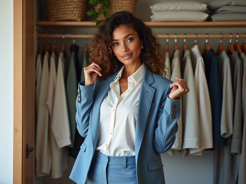 A woman standing in her well-organized closet. She is showcasing a curated collection of versatile pieces that can be mixed and matched to create multiple layered outfits. She is holding a simple white shirt and a blue blazer, demonstrating how these pieces can be combined in different ways. The closet is filled with classic, high-quality items, emphasizing a conscious and sustainable approach to fashion. Soft, natural light illuminates the space, creating an inviting and eco-friendly atmosphere.