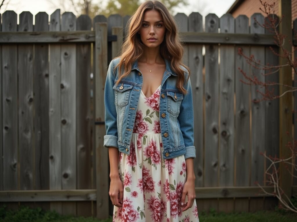 A woman in a floral maxi dress standing in front of a rustic wooden fence. She's wearing a slightly distressed denim jacket that complements the dress. The lighting is soft and overcast, suggesting a cool spring evening. The scene captures a blend of femininity (the dress) and casual coolness (the denim jacket). Photorealistic, natural lighting, medium shot.