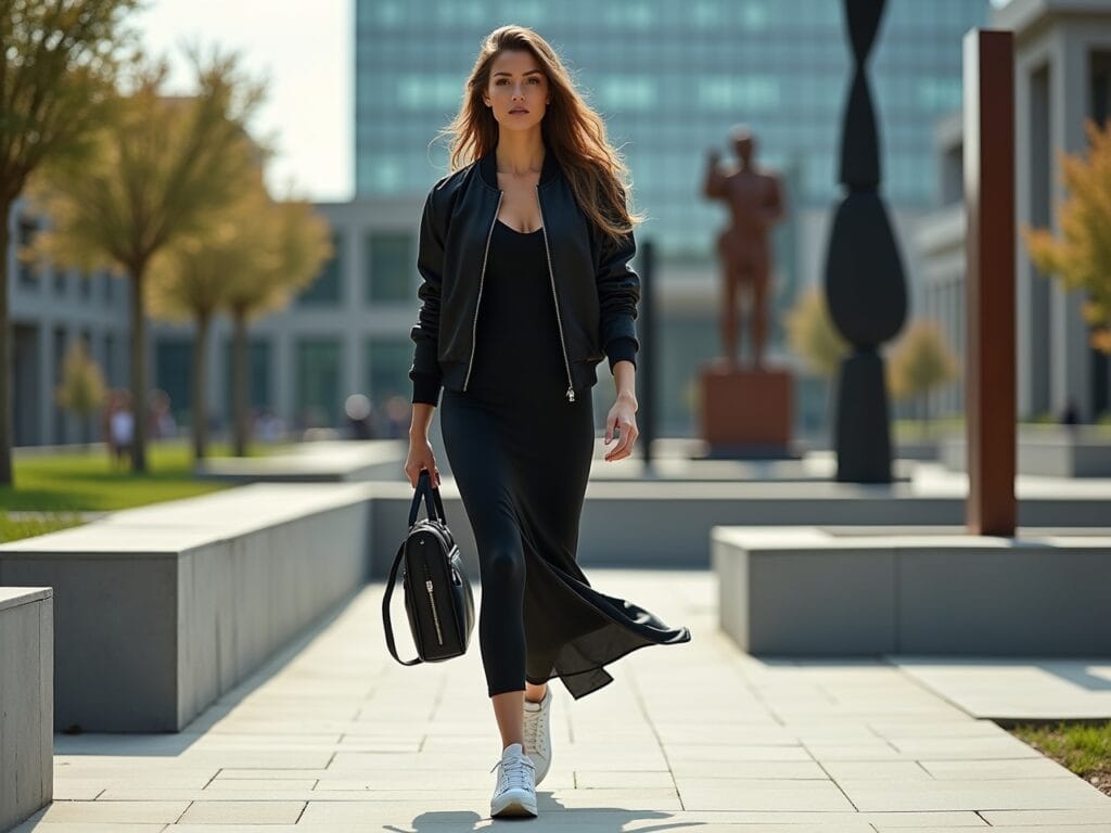 A woman wearing a sleek, dark-colored maxi dress paired with crisp white sneakers and a stylish bomber jacket. She's walking confidently through a modern urban park, surrounded by contemporary art installations. The overall vibe is sporty and chic, showcasing the unexpected yet fashionable combination of athletic wear and elegant dresses. The lighting is bright and dynamic.