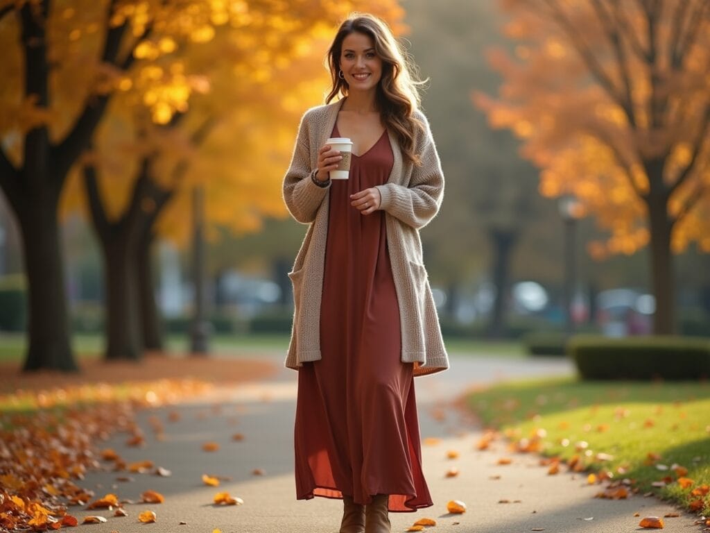 A woman standing in a park on a slightly chilly autumn day. She's wearing a maxi dress layered with a cozy knit cardigan and ankle boots. She's holding a warm cup of coffee. The leaves on the trees in the background are changing color. The image emphasizes the practicality and style of layering a maxi dress for cooler weather. Photorealistic, warm, natural lighting.