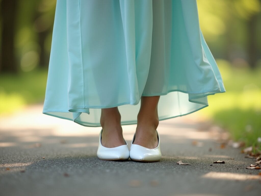 A woman's feet wearing white ballet flats. She's standing on a park path, and the hem of her pastel blue maxi dress just touches the ground. The background shows blurred greenery and dappled sunlight. The image evokes a sense of effortless style and comfort. Photorealistic, ground-level shot, shallow depth of field.