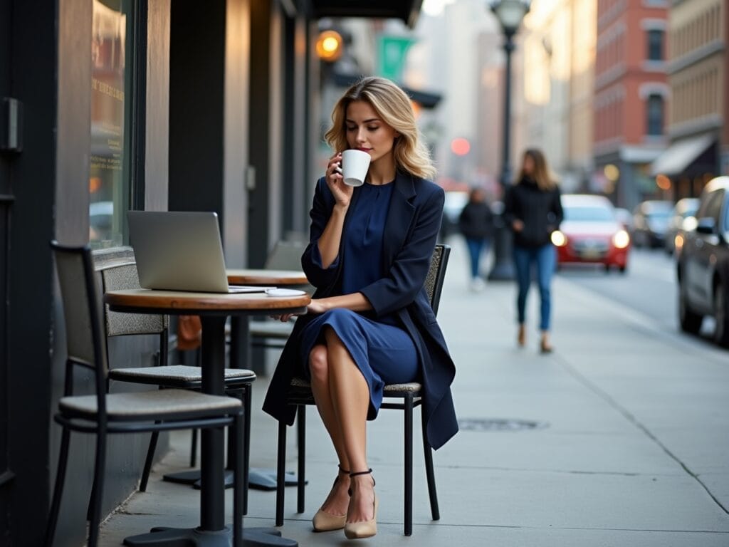 A young professional woman is at an outdoor cafe during her lunch break. She's wearing a solid navy blue midi t-shirt dress. She has a blazer draped over her shoulders and is wearing heeled loafers. She's working on a laptop and sipping a coffee. The background is a busy city street with office buildings. Focus on the polished and professional style.