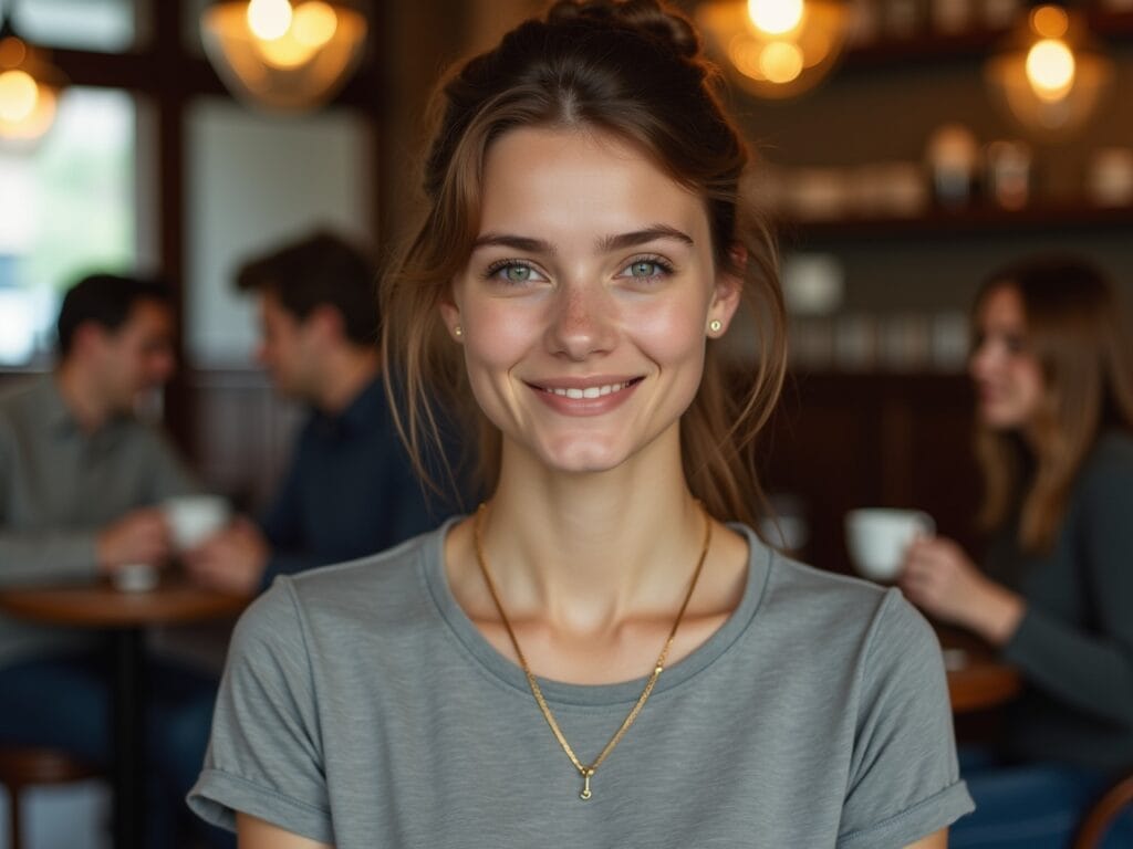 A young woman in her early 20s is wearing a simple, knee-length gray t-shirt dress. The focus is on her neckline, where she wears a delicate gold chain necklace with a small, subtle pendant. She also has tiny gold stud earrings. Her hair is neatly styled, and the overall look is clean and understated. The background is a softly lit cafe with people enjoying coffee, creating a relaxed and elegant atmosphere. The lighting is soft and focuses attention on the jewelry.