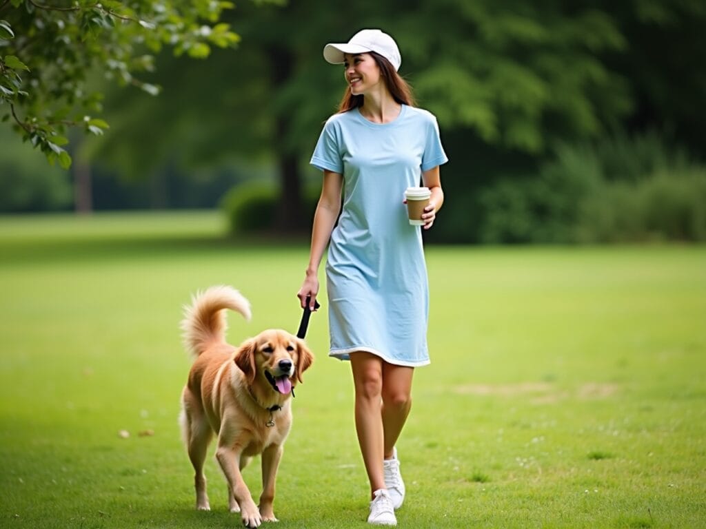 A young woman is walking her dog in a park on a sunny Saturday morning. She's wearing a simple, knee-length, light blue casual t-shirt dress. The dress has a relaxed fit. She's wearing white sneakers and has a baseball cap on her head. She's holding a coffee in one hand and the dog's leash in the other. The dog is a golden retriever, and the background shows lush green grass and trees. Focus on the natural, effortless style.