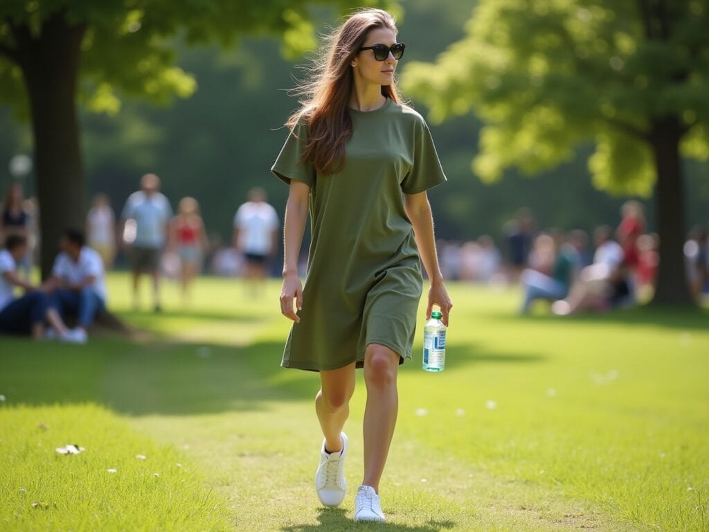 A young woman is strolling through a park on a sunny afternoon. She's wearing a knee-length, solid-colored t-shirt dress (e.g., olive green). She has paired it with classic white sneakers (like Adidas Stan Smiths or similar). She's also wearing sunglasses and has a water bottle in her hand. The background shows lush green grass, trees, and people enjoying outdoor activities. Focus on the comfortable and casual style.