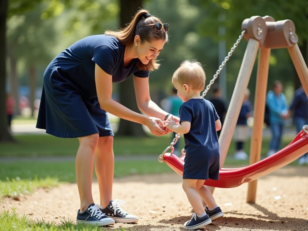A young mother in her early 30s is at a playground with her child. She's wearing a simple, knee-length navy blue t-shirt dress. She's bending down to help her child on the swing set. The focus is on her ease of movement and the practical nature of the dress. She's wearing comfortable sneakers. The background shows a sunny park scene with other families enjoying their day. Emphasize the dress's suitability for everyday activities.