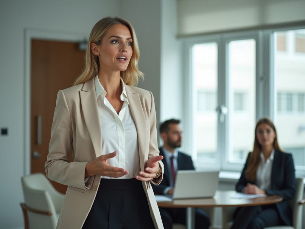 An elegant woman in her early 40s confidently delivering a presentation in a modern, well-lit conference room. She wears a perfectly tailored beige blazer over a crisp white shirt with black trousers, embodying a sense of sophistication and competence. The background should be clean and professional, with soft, natural light to enhance the authoritative yet approachable atmosphere.