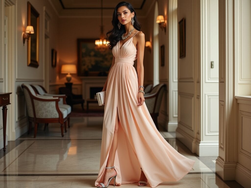 An elegant tableau featuring a woman in a pastel maxi dress paired with heeled sandals, a clutch, and statement earrings. The setting is a sophisticated indoor space with soft lighting and luxurious décor. The focus is on how the accessories elevate the dress, transforming it into a formal ensemble. The overall mood is refined and polished