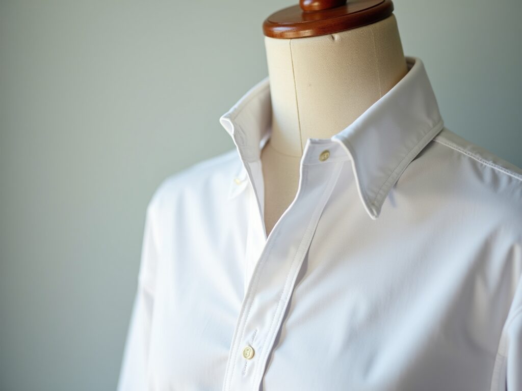 Capture a close-up shot of a high-quality white cotton shirt hanging on a tailor's dummy in a bright, airy studio. The shirt should be partially buttoned, showcasing the fabric's texture and the detailing of the seams and collar. Focus on the crispness of the collar (button-down or Oxford style) and the clean lines of the tailored fit. The lighting should highlight the fabric's natural sheen and subtle variations in the weave. The background should be softly blurred to keep the focus on the shirt's construction and quality.