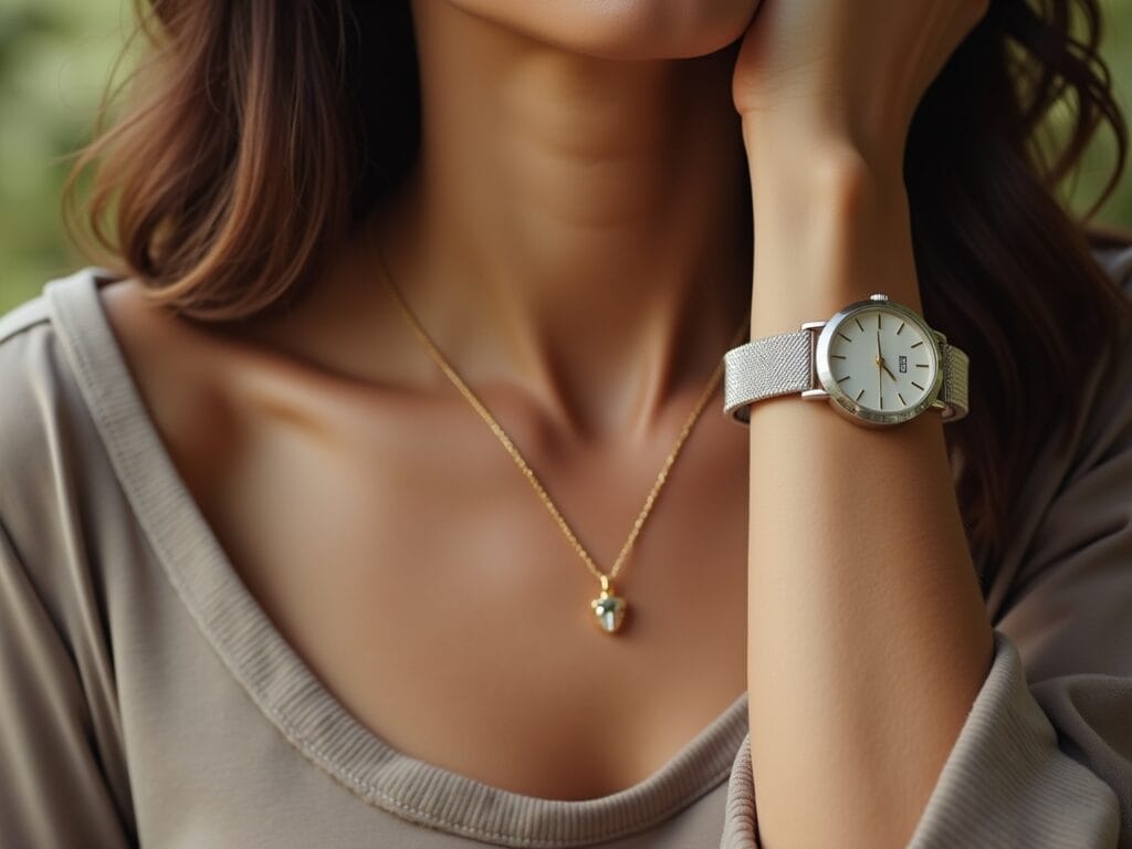 Close-up shot of a woman's neck and wrist. She is wearing a delicate gold necklace with a small pendant and a simple silver watch. The focus is on the minimalist design and the subtle elegance they add to her overall look. The background is blurred, highlighting the jewelry.