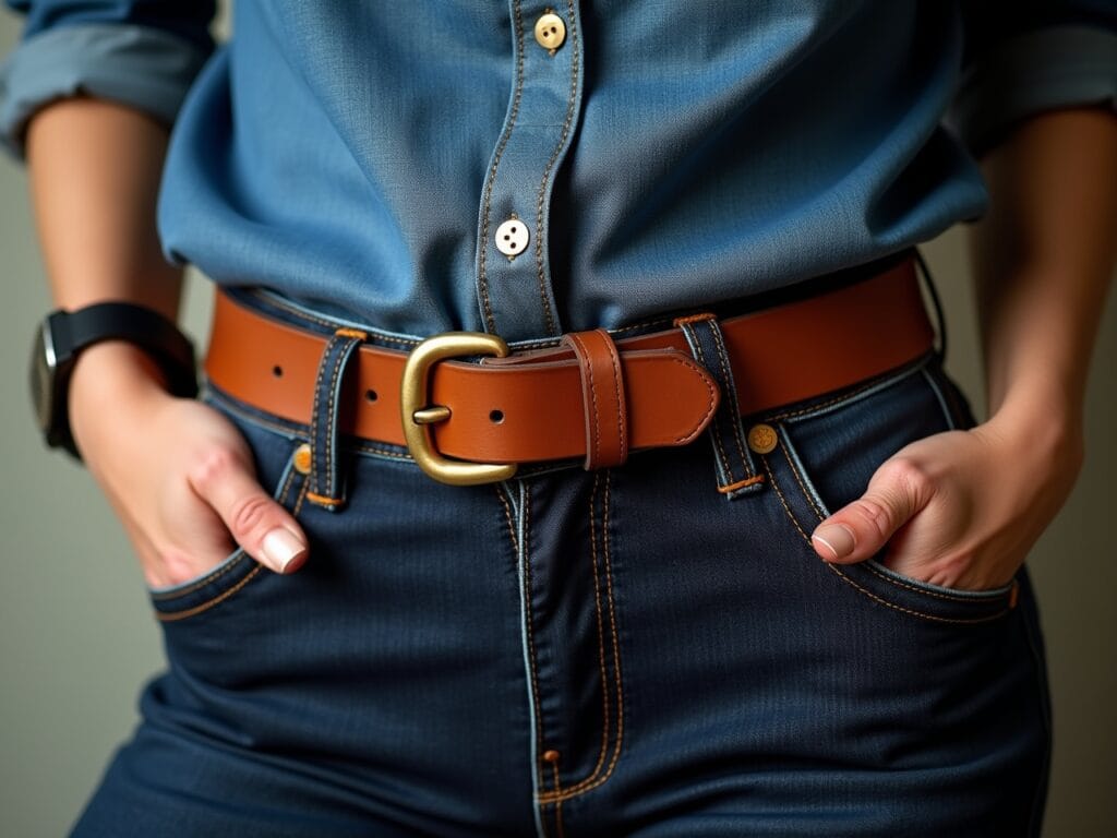Close-up shot of a woman's waist, showcasing a simple brown leather belt with a brass buckle. The belt is subtly cinching the denim shirt tucked into dark wash jeans. The focus is on the texture and detail of the leather and the way it complements the denim.