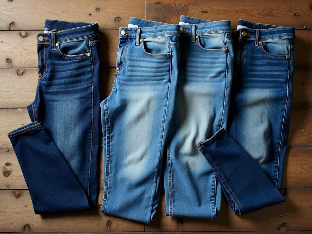 Create a visually striking image showcasing a variety of blue jeans styles laid out on a textured wooden surface, such as a reclaimed barn door. Include: A pair of slim-fit, dark wash jeans neatly folded. Light-wash, slightly distressed boyfriend jeans casually crumpled. High-waisted, medium-wash straight-leg jeans. Close-up textures: The image should emphasize the different denim washes and textures, showcasing the details like the stitching, the fading patterns, and any distressing or whiskering. Vary the lighting to highlight the depth and character of each pair of jeans, demonstrating the diverse options available within the "blue jeans" category.