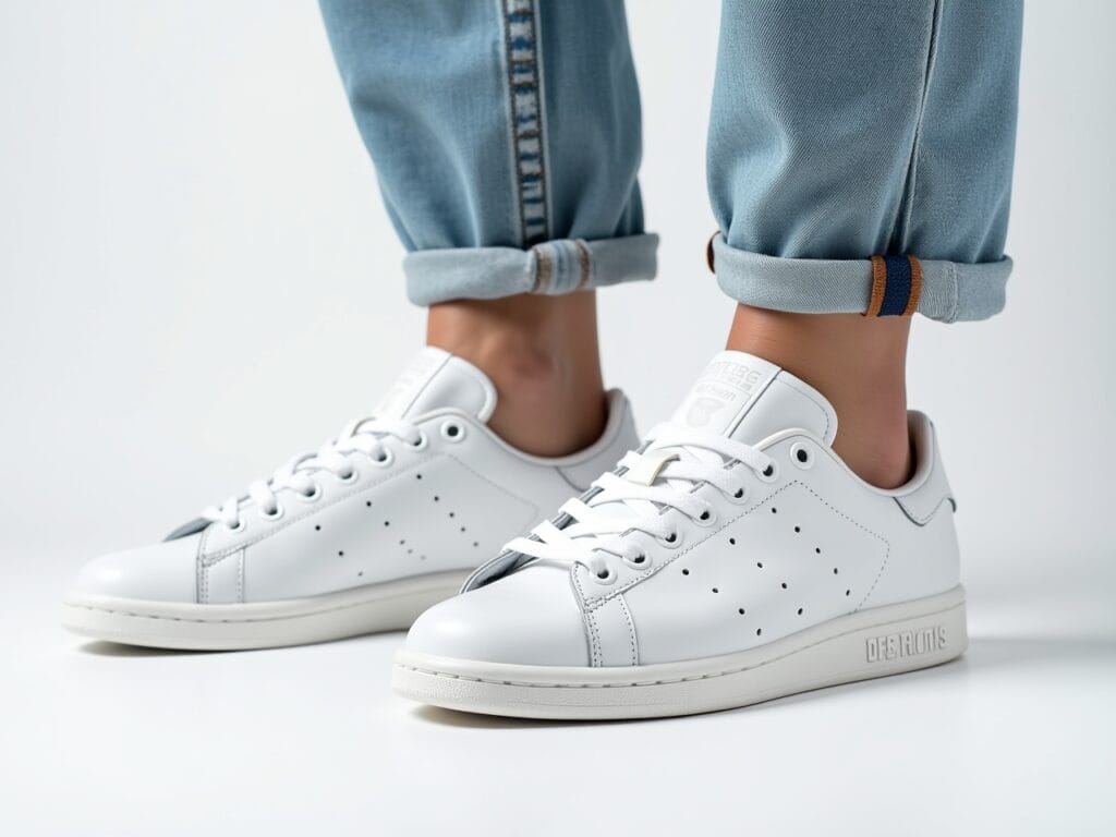 A close-up shot of a pair of clean white sneakers (e.g., Adidas Stan Smiths or similar) worn with light-wash blue jeans and a white shirt (only the hem of the jeans and the bottom of the shirt are visible). The setting should be a brightly lit studio with a minimalist background. The image should emphasize the clean lines and versatile style of the sneakers.