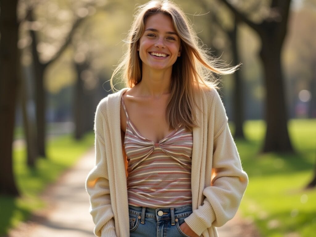 A young woman with wind-swept hair is enjoying a sunny day in a park, wearing a lightweight, cream-colored sweater over a floral sundress; the sweater is casually draped around her shoulders, and she is laughing with friends as they stroll along a path lined with blooming trees, embodying the ease and beauty of the season; in another scene, a woman sips coffee at an outdoor cafe, sporting an open-front, flowing beige cardigan over a striped top and jeans, epitomizing the relaxed and comfortable vibe of early autumn; finally, a sharply dressed professional walks to a meeting in the city, a light grey blazer adding a touch of sophistication to her simple blouse and tailored pants, capturing the blend of style and practicality that defines transitional weather dressing.