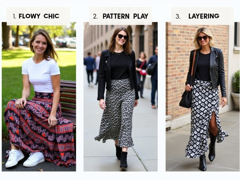 Styling Tips for Maxi Skirts: Flowy Chic: A woman is sitting on a park bench on a sunny day. She's wearing a flowing maxi skirt with a bohemian print, a fitted white t-shirt, and white sneakers. She is smiling and looking relaxed. Pattern Play: A woman is walking down a city street. She is wearing a maxi skirt with a geometric pattern, a black t-shirt, and a black leather jacket. She is wearing boots and sunglasses. Layering: A woman is standing in front of a brick wall. She is wearing a maxi skirt, a t-shirt, and a cropped cardigan. She is wearing ankle boots and carrying a satchel.