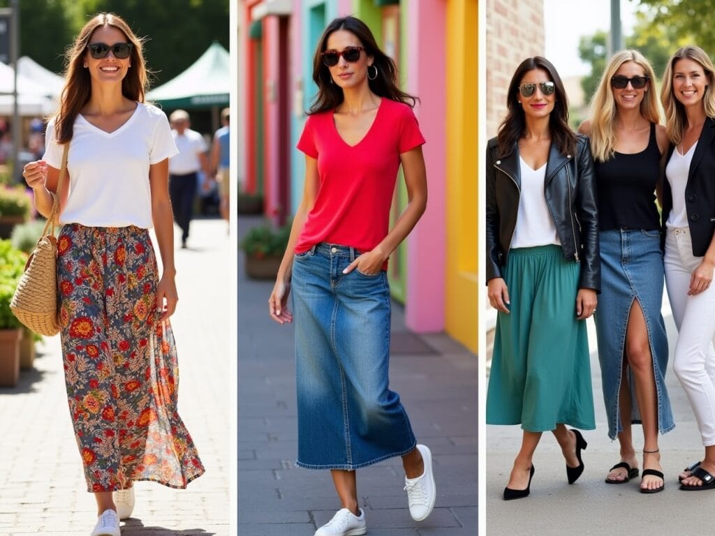 Styling Tips for Tees: Casual Elegance: A woman is walking through a farmer's market. She's wearing a plain white t-shirt tucked into a patterned maxi skirt with vibrant colors. She's wearing white sneakers and sunglasses. She has a straw bag over her shoulder. The scene is bright and cheerful, capturing the essence of a relaxed weekend morning. Color Play: A woman is posing in front of a brightly colored building. She's wearing a bold red t-shirt tucked into a denim maxi skirt. She is wearing white sneakers and sunglasses. She is smiling confidently. Neckline Variety: Three women are standing side-by-side. One is wearing a V-neck t-shirt, the second is wearing a scoop neck and the third a crew neck. They are each wearing maxi skirts and leather jackets.
