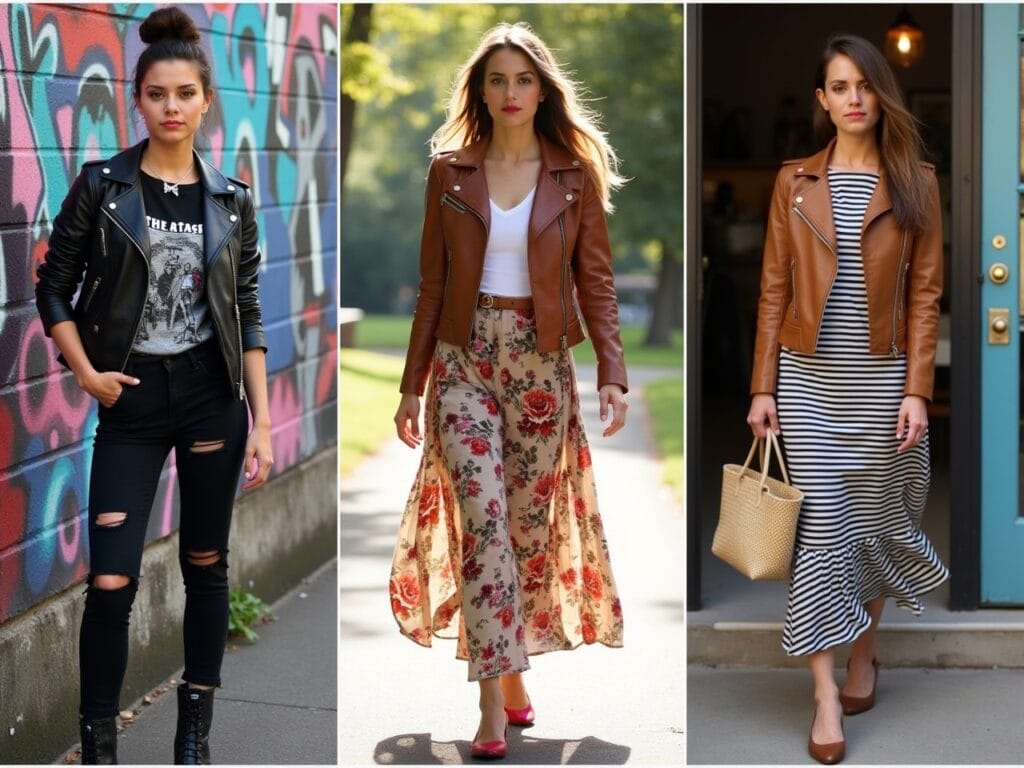 Styling Tips for Leather Jackets: Edgy Chic: A young woman is standing in front of a graffiti-covered wall. She's wearing a black leather biker jacket over a graphic band tee. She's also wearing distressed black skinny jeans and black combat boots. She has a silver chain necklace and her hair is styled in a messy bun. She has a confident, slightly rebellious expression. Feminine Touch: A woman is walking through a park on a sunny day. She's wearing a soft brown leather jacket over a white t-shirt and a flowing floral maxi skirt. She's wearing ballet flats and carrying a woven tote bag. Her hair is long and wavy. The scene is bright and airy, conveying a sense of effortless elegance. Layering: A woman is standing in a doorway of a coffee shop. She's wearing a brown leather jacket over a long-sleeved striped dress that falls just above the knee. She is wearing tights and chunky Chelsea boots. She is holding a coffee cup and smiling slightly.