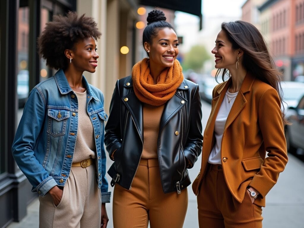 Three diverse individuals (different ages, ethnicities, and styles) are standing together on a city street, each wearing an outfit that expertly mixes textures. One is wearing a denim jacket over a knit dress, another a leather jacket with a silk scarf, and the third a corduroy blazer with linen pants. They are smiling and engaged in conversation, seemingly complimenting each other's outfits. The background is a vibrant urban scene, suggesting a sense of community and appreciation for individual style. The image captures the positive reactions and inspiration that come from seeing others creatively mix textures.