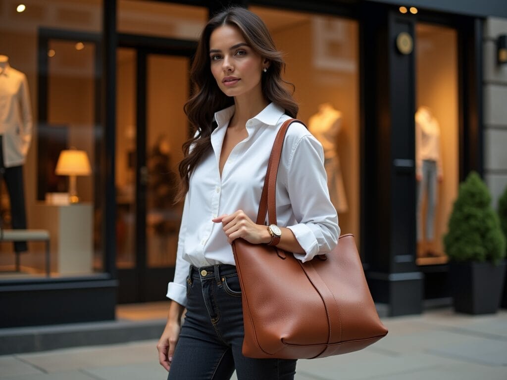 A woman (30s) standing outside a high-end boutique, wearing a crisp white shirt and dark-wash jeans. She is holding a large, structured leather tote bag in a classic design. The background should feature the elegant storefront of the boutique, with sophisticated window displays. The overall image should convey a sense of polished style and refined taste.